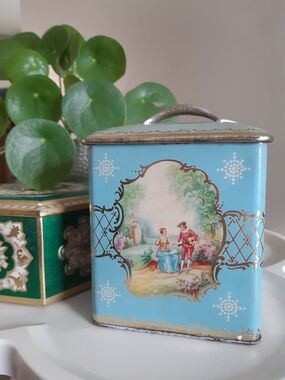 Vintage Rococo Blue Tin Canister with Romantic Scene